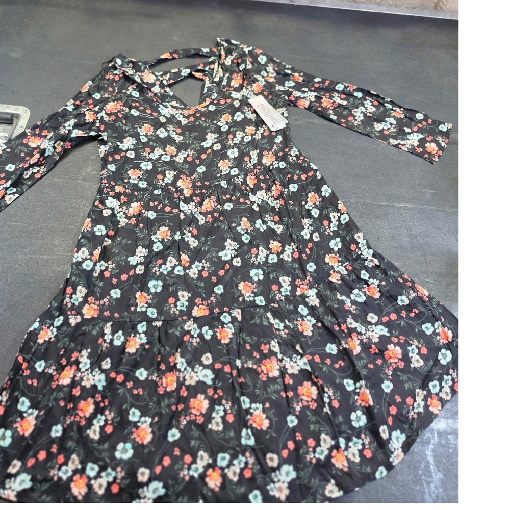 Tramp Floral Tiered Mini Dress Black Multi Color Long Sleeve Back Cutout Size M